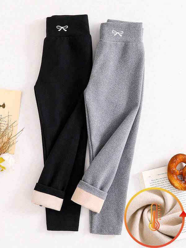 2pcs Girls Leggings With Butterfly Embroidery Pattern, Velvet Fabric, Suitable For Casual Daily Wear, Autumn/Winter Fall