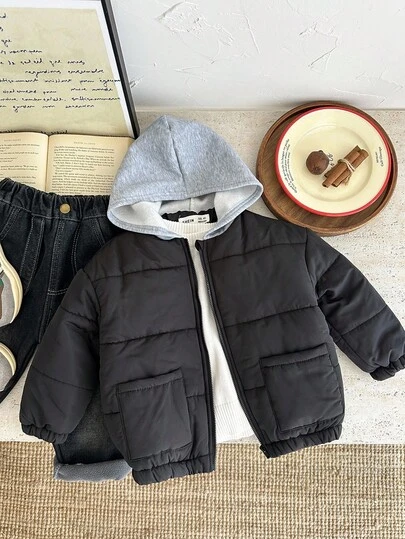 SHEIN Young Boys' Casual Thick Contrast Color Hooded Jacket, Comfortable & Versatile For Back To School, Autumn/Winter Fall