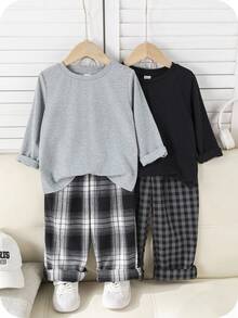 SHEIN 儿童/男孩 4 件套简约纯色圆领长袖 T 恤和格子图案宽松裤睡衣套装，柔软舒适的休闲家居服，适合所有季节 - 彩色 - 查看 3