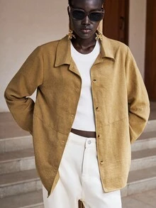 Lumivelle 女式简约宽松休闲仿麂皮长袖薄款夹克 - 黃色 - 查看 1