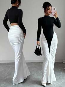 Elenzga Women's Black & White Color Block Stand Collar Fitted Mermaid Hem Elegant Mid-Length Dress, Suitable For Daily Commute, Dates, Holidays Fall Cloth For Women - Black - View 7