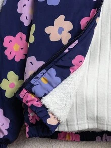 青少年女孩花卉印花长袖拉链仿皮毛饰边休闲连帽衫 - 藍色 - 查看 5