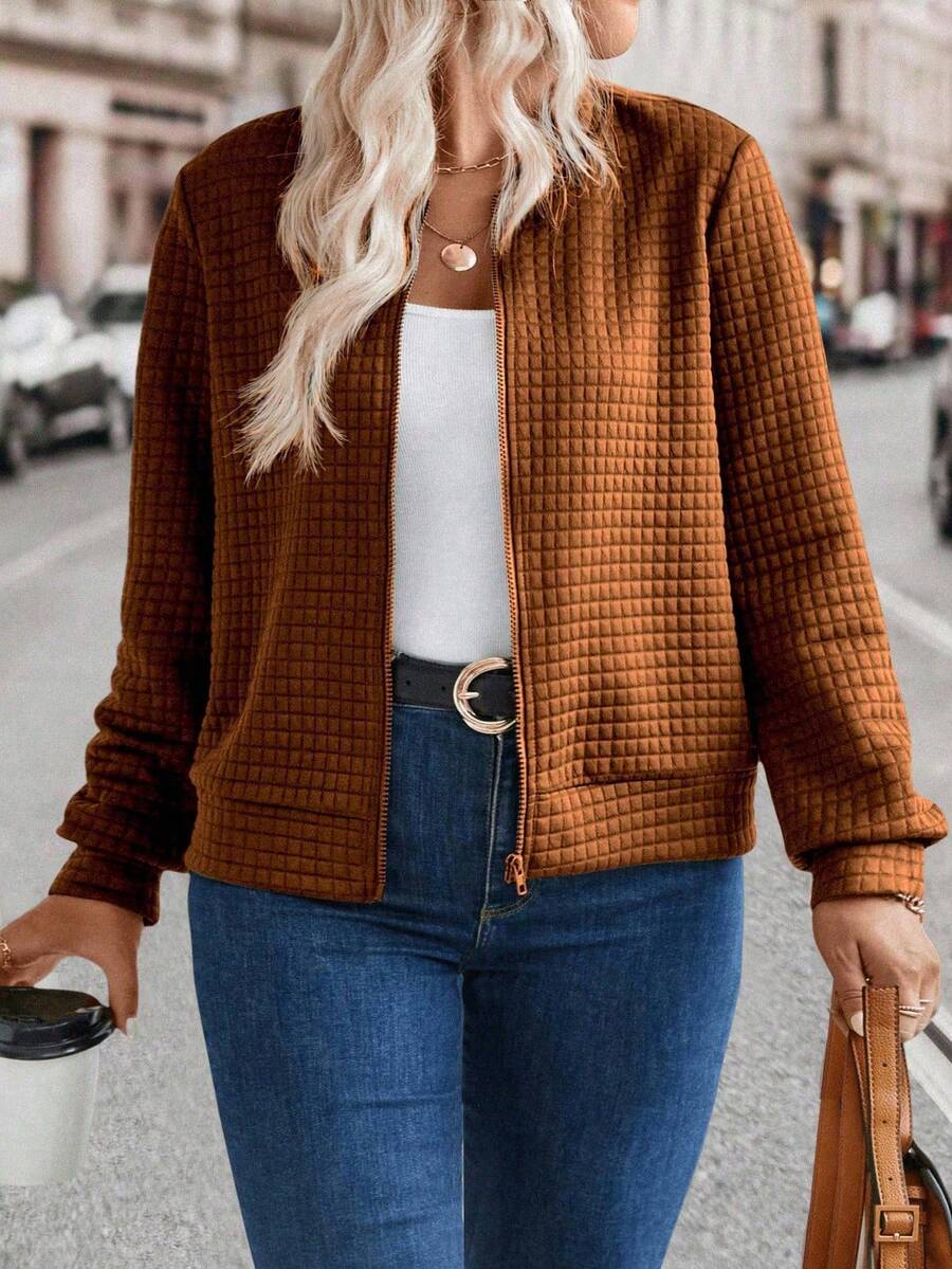 EMERY ROSE Plus Size Casual Fashion Front Zipper Solid Color Jacket Winter Fall Autumn - Camel - View 1