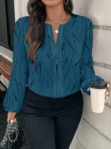 SHEIN Clasi Chemise à manches longues décontractée à motifs de pois et de rayures, convenant à l'automne, grande taille