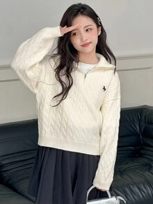 DAZY Girls Casual Loose Knit Cardigan Sweater, Autumn - Beige - View 1