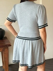 Flirla 2pcs Collegiate Style Pleated Knit Polo Collar Knit Slim Fit Set Winter Fall Autumn - Grey - View 2