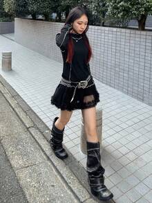 FRIFUL 女式黑色立领长袖撞色修身休闲T恤，秋季 - 黑色 - 查看 8