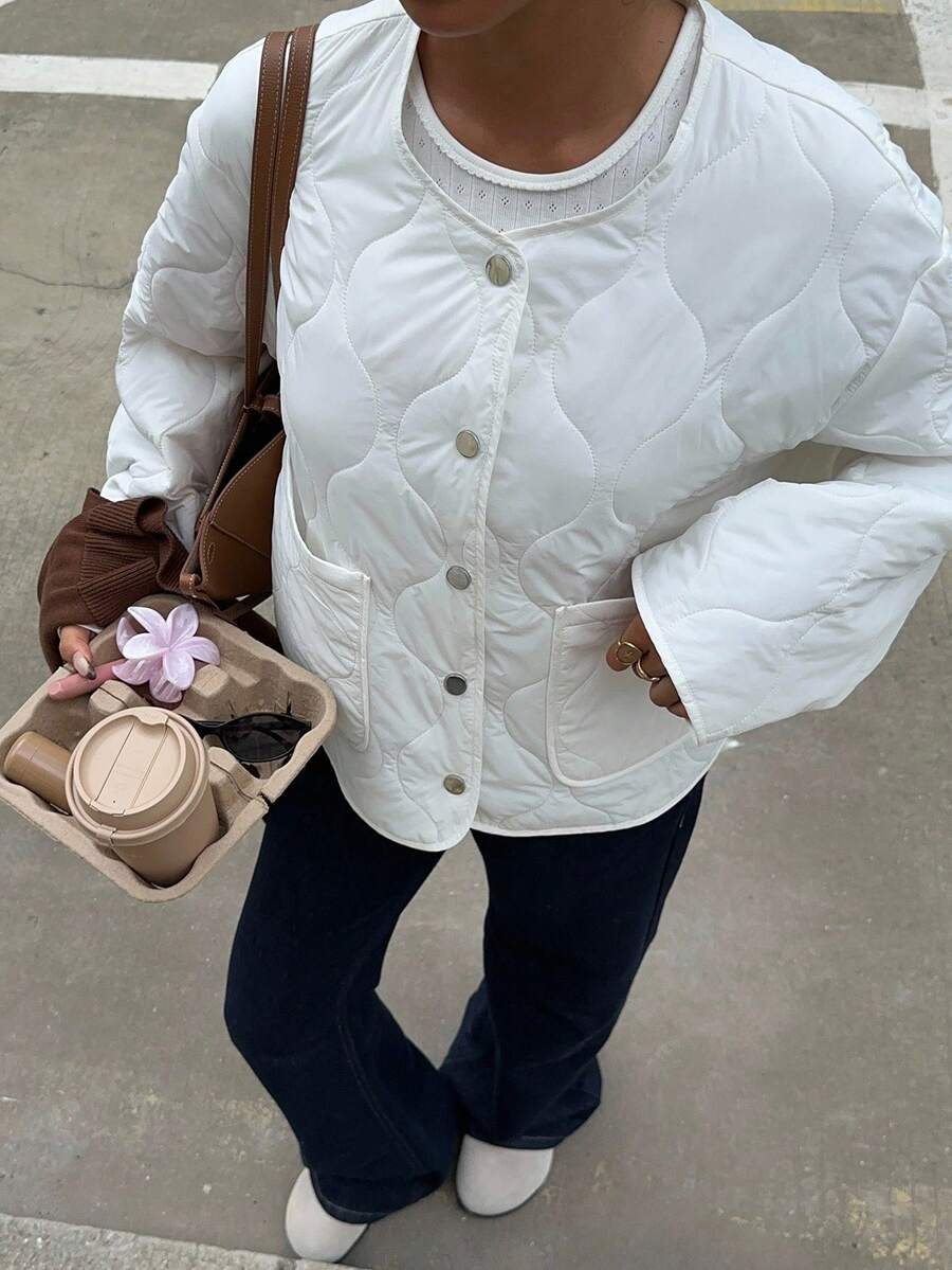 SHEIN Unity Women's Casual Simple Round Neck White Gourd Quilted Padded Coat With Large Pockets - White - View 1