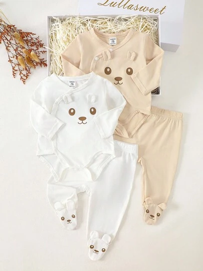 SHEIN 4件套婴儿/新生儿/儿童男女通用连体衣，可爱休闲简约百搭柔软舒适长袖连体衣+裤子，萌熊印花图案，四向弹力双面针织面料，适合春、夏、秋、冬四季穿着，日常穿着，生日派对，摄影，秋季新品