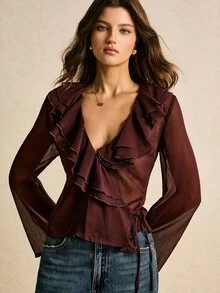 Poéselle 女士棕色荷叶边薄纱长袖衬衫，优雅女士衬衫，时尚女士衬衫，外出上衣，商务休闲女装，老钱气质，优雅女士，经典女士，秋季女士，冬季女士，棕色上衣 - 咖啡棕 - 查看 4