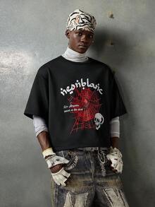 NEON BLANC Men's Casual Spider Web & Letter Print Short Sleeve T-Shirt, Halloween - Black - View 1