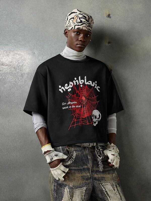 NEON BLANC Camiseta de manga corta casual para hombre con estampado de telaraña y letras, Halloween