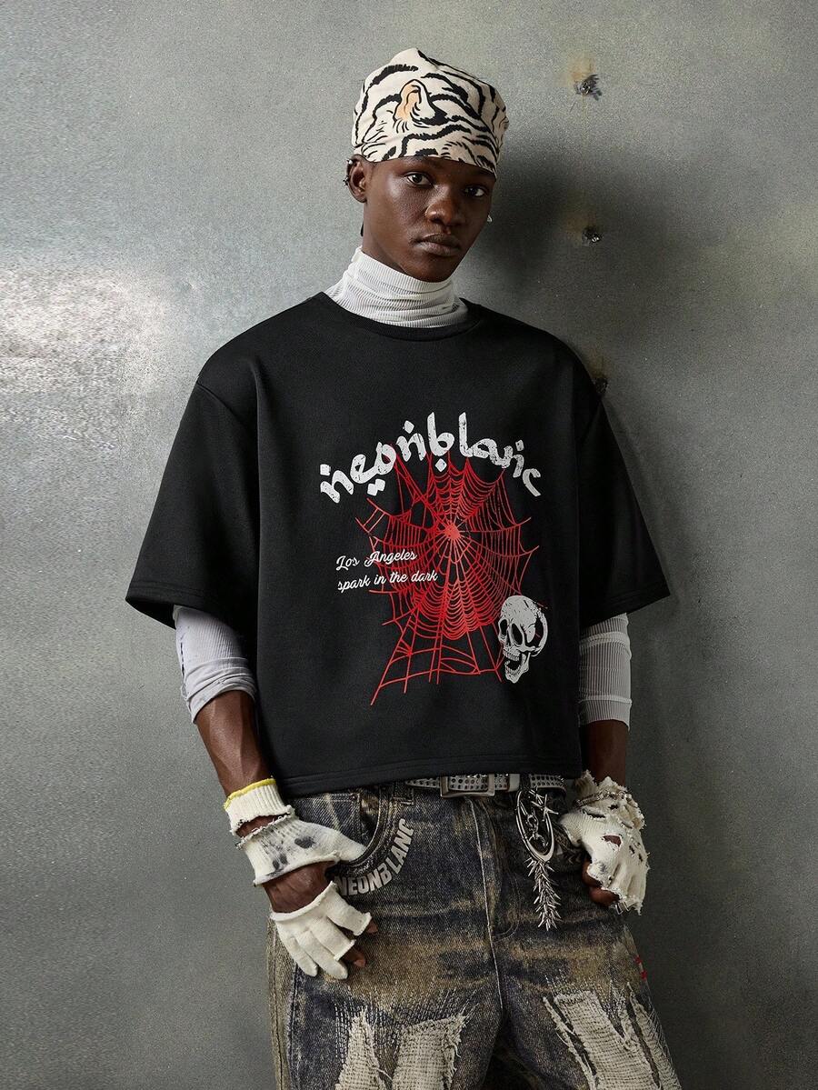 NEON BLANC Men's Casual Spider Web & Letter Print Short Sleeve T-Shirt, Halloween - Black - View 1