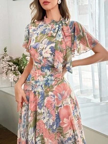 Modelyn 女式荷叶边领口系带喇叭下摆泡泡袖连衣裙 - 彩色 - 查看 5