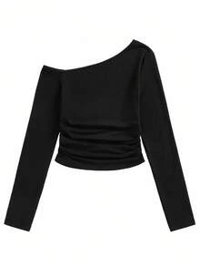 Shutterstock Y2Kool 女士哥特字母印花万圣节不对称肩部上衣冬季时尚服装系列新年装扮棉质 - 黑色 - 查看 3