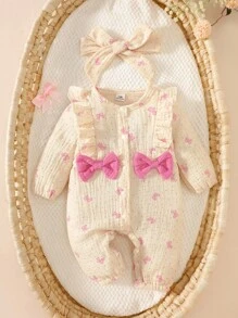 SHEIN Bộ đồ liền thân xuân/thu cho bé gái sơ sinh, phong cách công chúa, cotton mềm mại, họa tiết nơ dễ thương, thoải mái - Màu tím - Xem 2