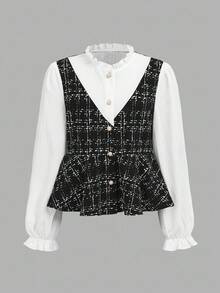 Girlism Ensemble deux pièces pour jeune fille, chemise à manches longues à col volant plissé en tissu croisé élégant pour le printemps et l'automne + pantalon simple en tissu croisé tressé - Noir et Blanc - Voir 8