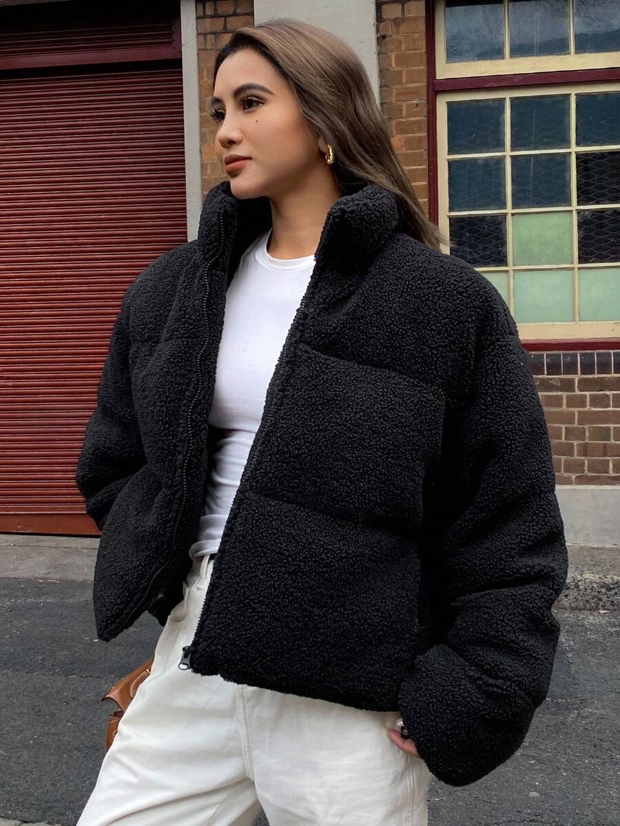 Livesso 亮片领宽松抽绳女士棉服外套冬季夹克 - 黑色 - 查看 1