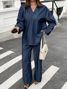 DAZY Women's V-Neck Lantern Sleeve Top And Loose Fit Jeans Set - Blue - View 1