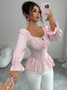 Elenzga New Women's Square Collar Long Sleeve Woven Jacquard Fabric Chest Pleated Front Bowknot Design Ruffle Hem Cinched Waist Elegant Casual Blouse, Spring/Autumn Fall Cloth For Women - Pink - View 7