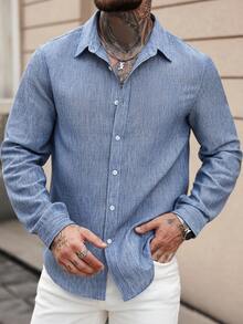 Manfinity CasualCool Men's Single-Breasted Casual Linen Long Sleeve Shirt Linen Men Shirt Men Linen Shirt Dusty Blue Shirt For Men Casual Men Shirt Blue Linen Shirt,Fall - Medium Wash - View 3