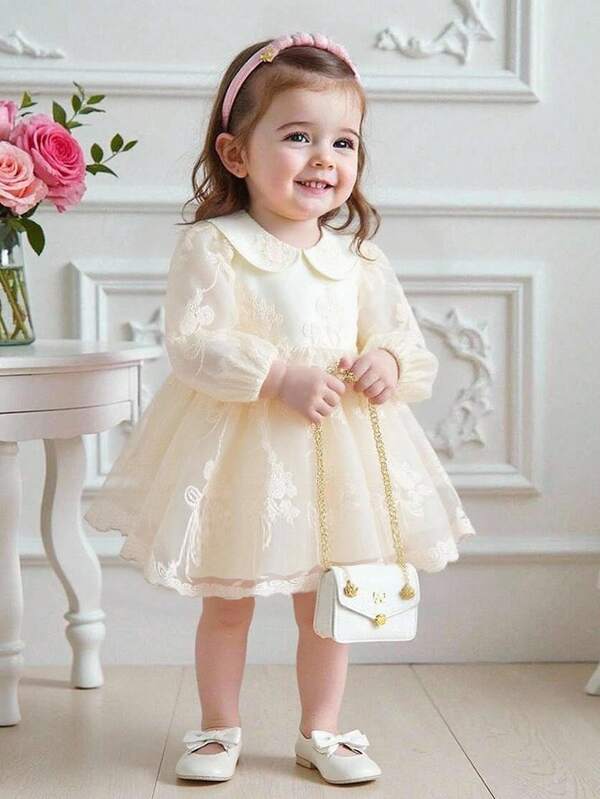 Souflis Souflis Baby Girls' Elegant Floral Embroidered Mesh Princess Dress, Peter Pan Collar Long Sleeve, Suitable For Spring, Summer, Autumn Occasions Like Birthday Party, Photography, School, Etc. Fall Winter