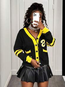 BamGleam New Autumn And Winter Black Contrasting Yellow Women's Sweater Button Up Cardigan With Contrasting Edges Embroidered Buttons Towel Embroidered Letters V-Neck Long Sleeved Comfortable Sports Sweater Cardigan Fall Cloth For Women - Black - View 4