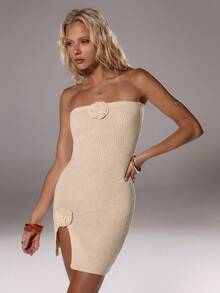 TRNVIE 1pc Women's Sweater Dress, Pink, Floral 3D Decor, Bodycon, Knitted, Everyday Wear - Apricot - View 1