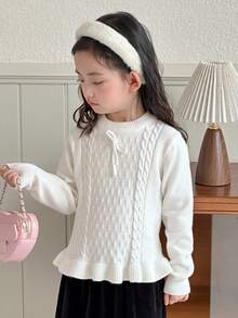 DAZY Girls' Crew Neck Sweater With Bow Decor, Fall - Beige - View 6