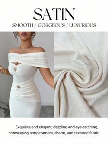 Elenzga 优雅精致时尚夏季露肩褶饰金属扣装饰中长款修身鱼尾下摆针织连衣裙 - 杏色 - 查看 7