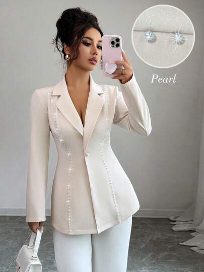 Elenzga Rhinestone Decor Waist Fitted Elegant Romantic Sophisticated Women Blazer Jacket Fall Cloth For Women
