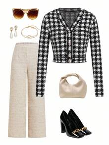 Ellevyn Cardigan élégant à col V et manches longues avec boutons, en tartan, pour femmes en automne/hiver - Noir et Blanc - Voir 3