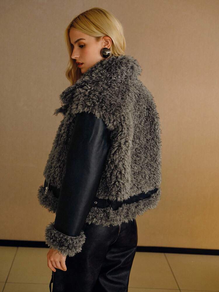 ELEGANT FAUX FUR COLLAR PATCHWORK SHORT JACKET, AUTUMN/WINTER