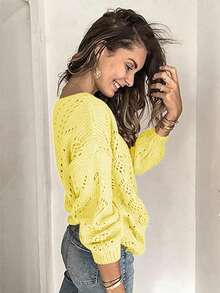EMERY ROSE Áo len cardigan dệt kim cổ chữ V khoét lỗ màu trơn dành cho nữ - Màu vàng - Xem 3