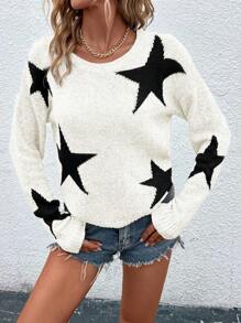 EMERY ROSE Women's Casual Loose Fit Pentagram Pattern Drop Shoulder Long Sleeve Pullover Sweater, Autumn Fall Winter Cloth For Women - Black and White - View 6