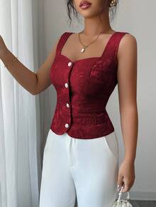 Elenzga Áo cánh vải jacquard cổ tim cài nút phía trước dành cho nữ mùa hè - Đỏ - Xem 6