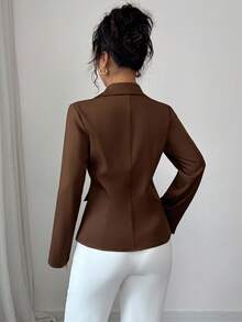 Elenzga 新款女式缺口领长袖梭织纯色前开仿口袋设计通勤休闲修身优雅年轻女士夹克，春秋季 - 棕色 - 查看 2