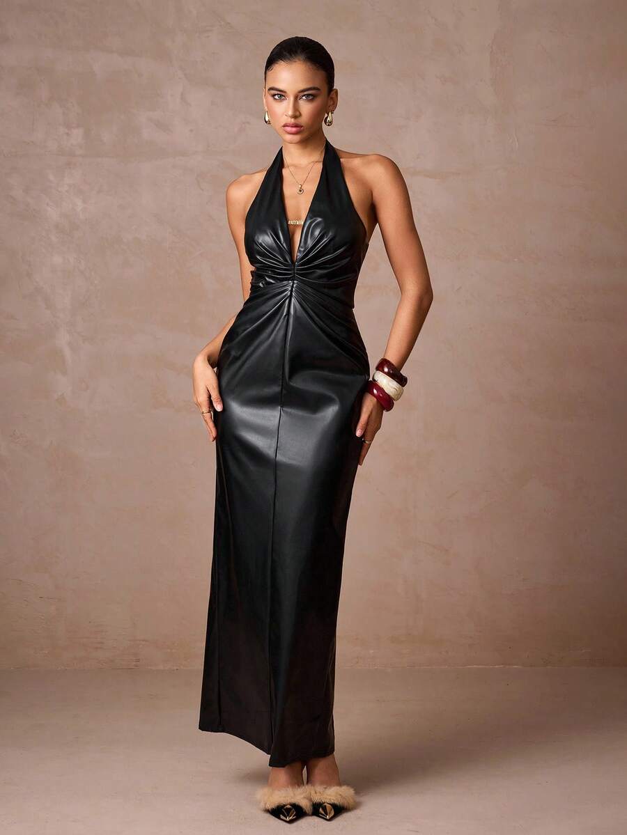 Lumalex 秋冬早春女士高端PU优雅连衣裙 ID 奢华新年新造型 静谧奢华 舞会聚会派对宴会 端庄复古闪亮节日派对狂欢节郊游度假热门户外丰富层次婚礼季宴会 ID 古尔邦节派对新年派对晚宴秋季礼服 - 黑色 - 查看 1