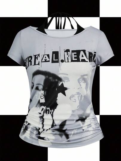 Y2Kool BiGraphic Camiseta gráfica para mujer, estilo halter, corta y de crop top, en color gris con parches de colores contrastantes, con estilo punkrock, oscuro y de Y2K, adecuada para verano, otoño, vacaciones, reuniones, fiestas y uso diario