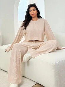 Solflare Conjunto de 2 piezas para mujer talla grande, top de manga larga de cuello redondo y pantalones de unicolor, para otoño/invierno - Albaricoque - Ver 4