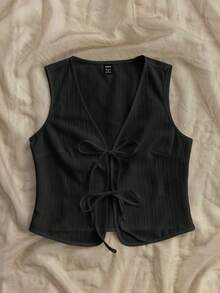 Soleia 女士度假白色编织纹理前开领带结休闲吊带背心，可作为分层穿着 - 黑色 - 查看 5