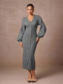 Lumalex Fall Winter Modest Old Money Coquette Glitter Holiday Party Outfit Rave Festival Outing Swim Vacation Bohemian BOHO  Hot Outdoor Richly Layered Wedding Season Banquet Coming Of Age Ceremony Women's Casual Button V-Neck Extra Long Sweater Dress Grey Sweater Dress Button Down Sweater Dress Ribbed Knit Dress Cardigan Dress Luxury Prom Christmas New Year - Grey - View 5