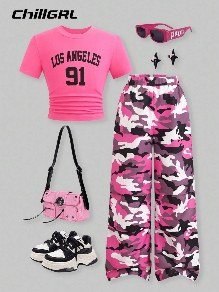 SHEIN 2 Stück/Set Tween Mädchen Camouflage Loose Woven Cargo Hose & Kurzarm T-Shirt, Schule, Campus, Uni, Streetwear