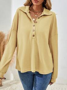 SHEIN LUNE Casual Loose Fit Solid Color Drop Shoulder T-Shirt, Spring/Autumn - Pale Yellow - View 7