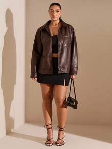 SHEIN BAE 大码女式秋季长袖拉链领PU皮革口袋宽松休闲夹克 - 棕色 - 查看 5