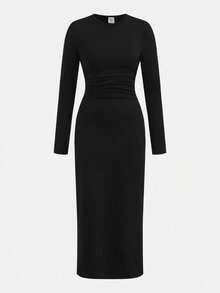 SHEIN Vestido negro de manga larga con pliegues en la cintura, unicolor, versátil y minimalista para adolescentes - Negro - Ver 7