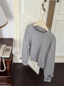 Livesso Solid Color Fitted Long Sleeve Bow Crew Neck Casual Sweater For Women, Autumn - Grey - View 3