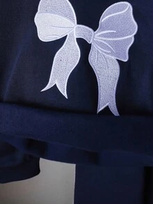 女孩简约时尚蝴蝶结刺绣 V 领套头衫搭配同色侧条纹直筒裤套装，休闲秋冬装 - 寶藍色 - 查看 4