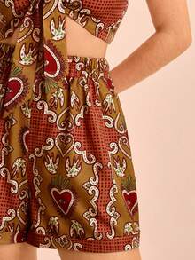 CAJUNI Set Atasan Bandeau dan Celana Pendek Pantai Motif Mata Hati untuk Liburan Pantai Wanita - MultiWarna - View 4