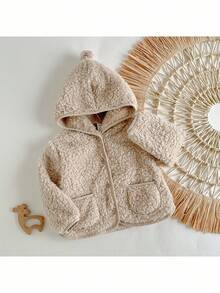 Loomiva 女婴杏色蓬松连帽开衫，带绒球装饰，纹理羊毛夹克，适合女婴/男婴，百搭保暖，柔软舒适，秋冬季穿着 - 卡其色 - 查看 3